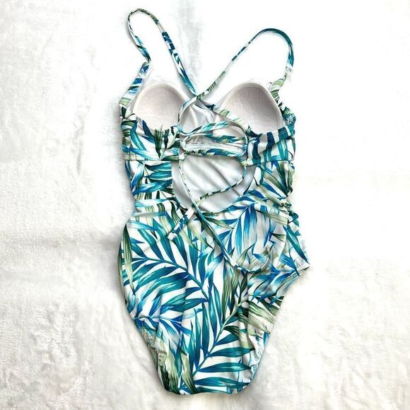 Time and Tru Women's Flower Frenzy One Piece Swimsuit Tropical Leaf Pattern Whit - Picture 4 of 13